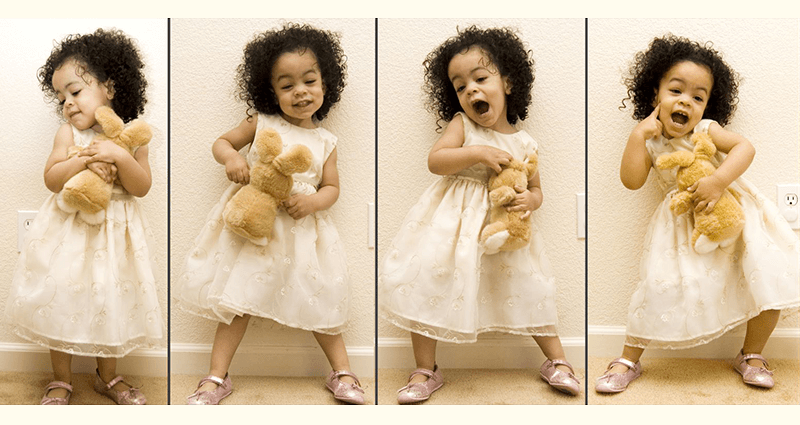 Una serie de fotos de una niña que canta y baila con un oso.