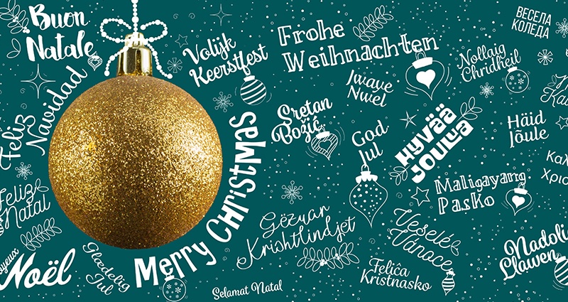 Kalėdinių sveikinimų infografika skirtingomis kalbomis